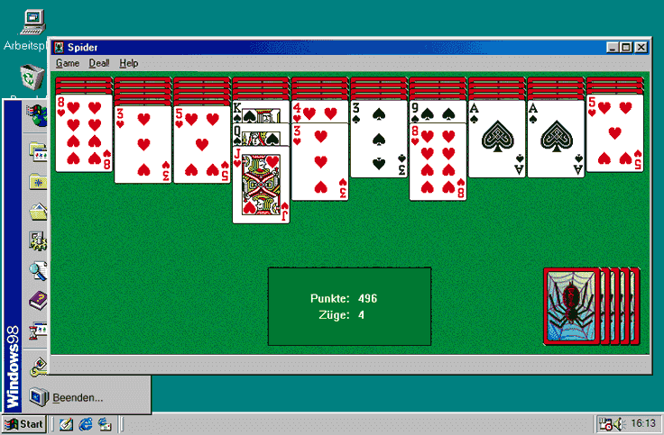 Das Windows 98 Plus Paket hat die erste Version von Spider Solitär.